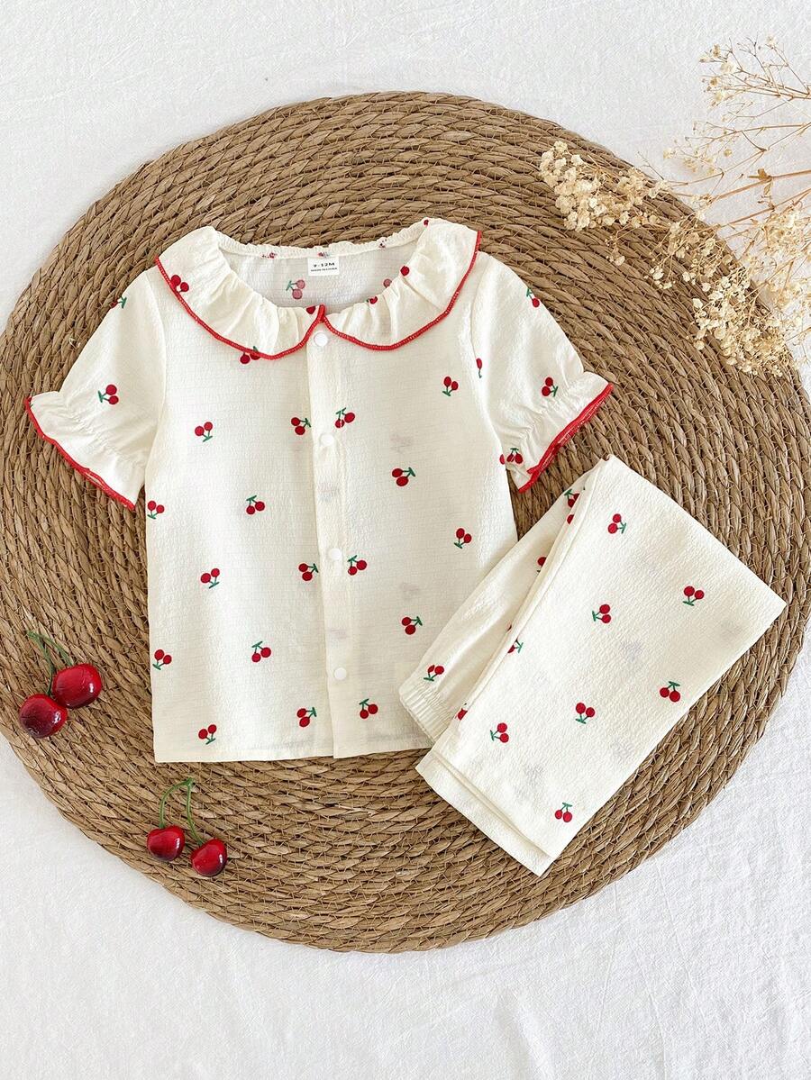 Baby Girls Pajamas-2 Piece Pajama Set Spring To Summer Cherry Print Peter Pan Collar Short Sleeve Top Long Pants Ruffle Trim Red Edge All Season Sleepwear Holiday 2026 Must Have Gift Outfit Playdate Home Lounge Elegant Cute - Multicolor - View 1