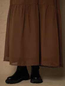 Freevana Plus Size Casual Solid Color Lace Patchwork Cutout Neck Dress Brown Long Dress Peasant Dress Brown Maxi Dress - Coffee Brown - View 4