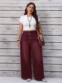 EMERY ROSE Plus Size Women Casual Versatile Wide Leg Button Pocket Jeans - Burgundy - View 8