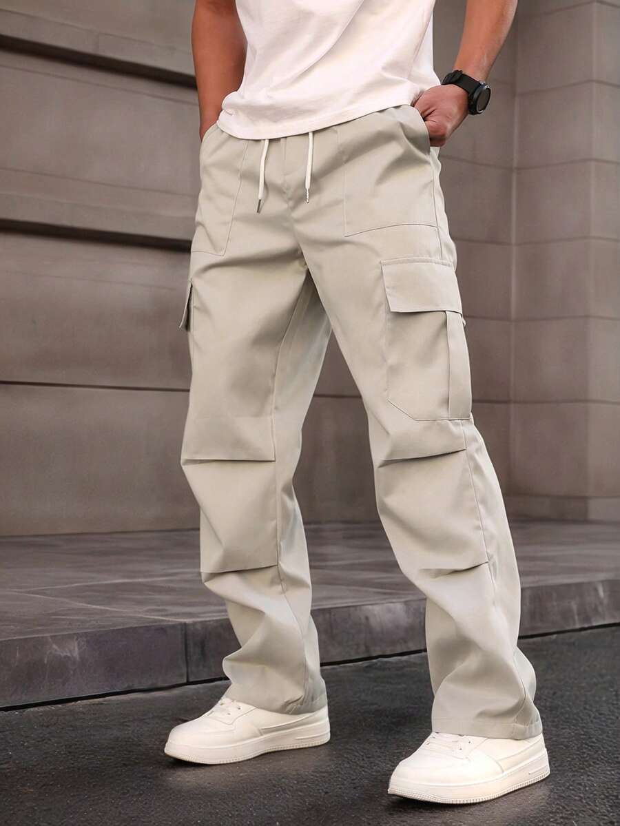 Manfinity Homme Men's Solid Color Drawstring Waist Cargo Pocket Pants, Fall - Light Grey - View 1