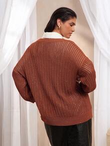 VOLUPTÉ CURVE Plus Size Autumn Rust Brown Shimmer Knit Lantern Sleeve Side Slit Drop-Shoulder Mid-Length Casual Pullover Sweater For Going Out, Birthdays, Parties - Brown - View 4