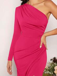 SHEIN Belle Women's Solid Color Pleated Side Slit Fitted Elegant Party Dress - Hot Pink - View 7