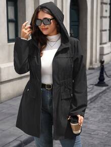 EMERY ROSE Plus Size Women Drawstring Hooded Zip Front Pockets Casual Daily Commute Jacket/Winter - Grey - View 5