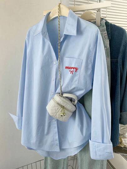 Airaco 女士字母刺绣前扣蓝色长袖衬衫