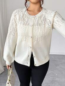 Elenzga 新款春季宽松休闲镂空圆领灯笼袖女士针织开衫毛衣，饰有精致猫眼银色饰边纽扣 - 杏色 - 查看 4