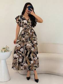 Mulvari Ruffle Cuff Allover Floral Belted Dress Maxi Women Outfit - Multicolor - View 4