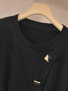 GlowEve Black Crew Neck Drawstring Waist Knit Cardigan For Women, Elegant Relaxed Fit Loose Sweater Top With Metal Button Decor, Suitable For Autumn/Winter