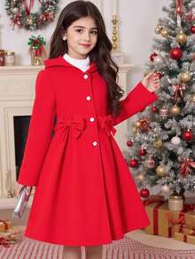 Elladie kids 1pc Girls' Oversized Bow Design Hooded Long Sleeve Woolen Sweater