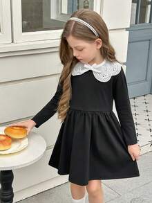 Elladie kids Young Girls Chic Sweet School Style White Lace Trim Round Neck Casual Minimalist Black Dress Girls Spring Autumn French Style Dress Girl School Dress Girl Black Elegant Dress Girls Collared Dress - Black - View 3