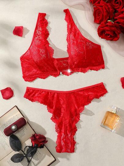Solid Bloemen Kanten Verleidelijke BH Slipje Lingerie Set wear view 5
