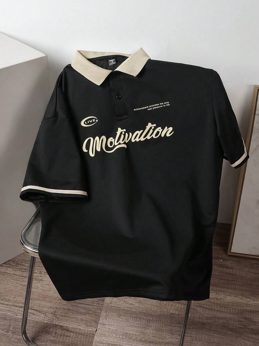 Manfinity Joysei 宽松男士字母图案撞色领 Polo 衫