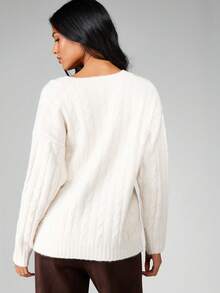 MISSGUIDED Cárdigan de punto de cable de talle largo con detalle de botón frontal envolvente, suéter acogedor y oversize para otoño e invierno - Beis - Ver 2