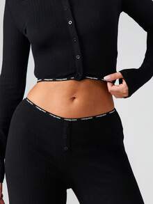 MISSGUIDED Ribbed Button Front Long Sleeve Sleep Top With Contrast Trim Detail - Black - View 5