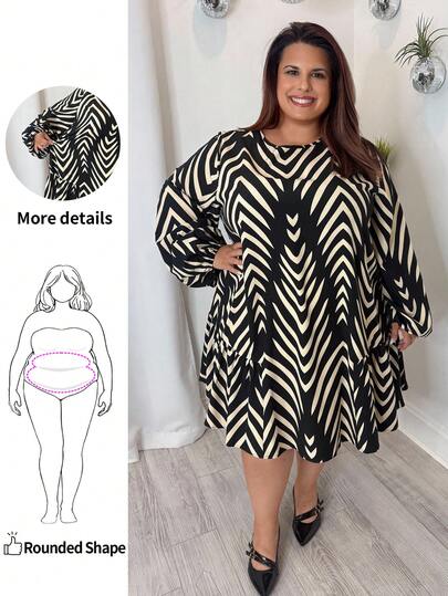 Enliva 大码女式秋冬时尚休闲宽松舒适黑色卡其色几何印花长袖连衣裙、秋装、冬装、曲线连衣裙、波西米亚风、优雅女装、节日连衣裙、工作连衣裙、夏季女装