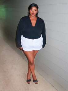 Enliva Plus Size Casual Versatile Commuter Solid Color Cropped Blazer, For Apple Rounded Body Shape - Black - View 4