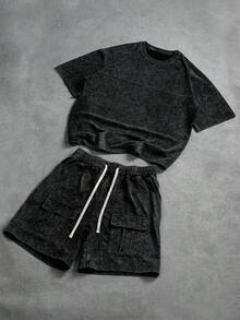 PAVTROS 男士休闲水洗复古短袖T恤短裤套装，夏季，男士，宽松，最佳，男友风，夏季，度假，Y2K，复古，朋友，水洗磨砂雪花图案面料短袖工作短裤T恤套装 - 黑色 - 查看 1