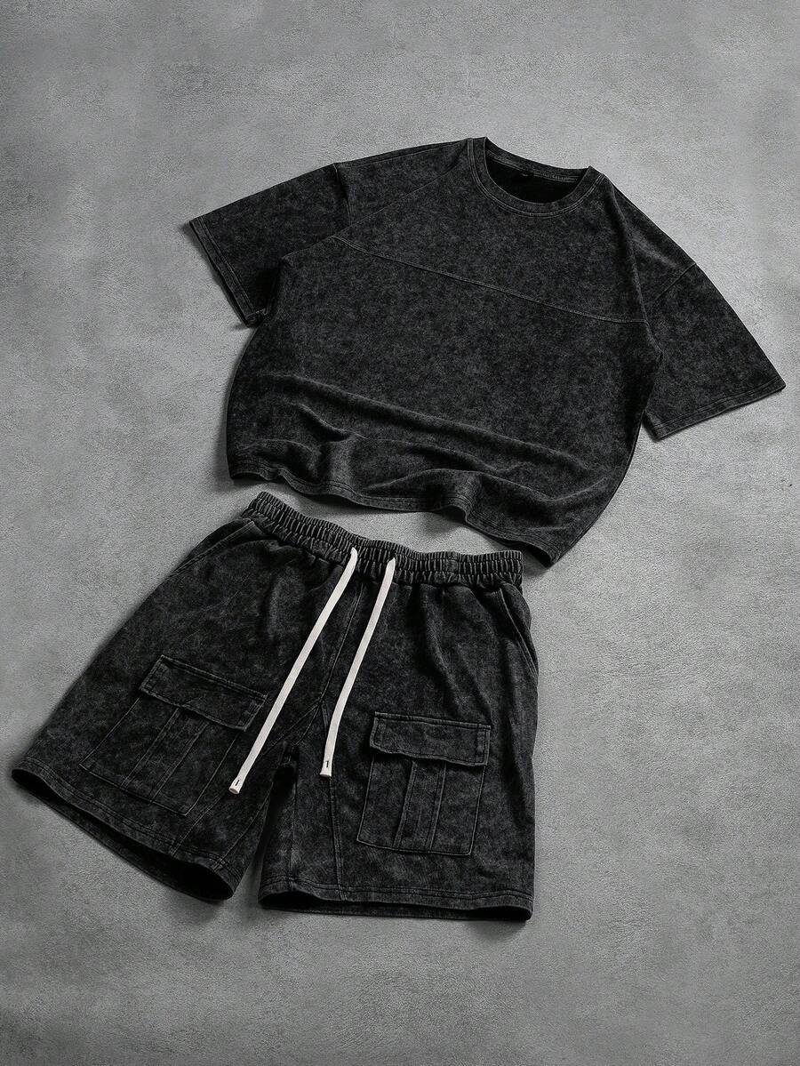 PAVTROS 男士休闲水洗复古短袖T恤短裤套装，夏季，男士，宽松，最佳，男友风，夏季，度假，Y2K，复古，朋友，水洗磨砂雪花图案面料短袖工作短裤T恤套装 - 黑色 - 查看 1