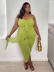 Truni Lacenleopard Women's Plus Size Cupped Bodycon Dress With Ruched Details, Elegant Front Ruffle Decorations, And Long Length,Birthday Dresses For Women, For Pear Triangle Body Shape, For Body Shape, For Summer - Lime Green - View 3