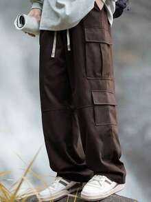 Manfinity Hypemode 男士加大码纯色抽绳腰带休闲多口袋工装裤 - 咖啡棕 - 查看 3