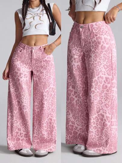 Jeanoix Plus Size Women's Fashionable Y2K Leopard Print Casual Jeans