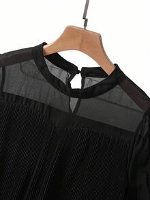 SHEIN Tall CURVE Vestido Plissado Preto Elegante de Plus Size, Vestido Midi Transparente de Manga Longa, Vestido Preto Feminino Plissado Midi - Preto - Visão 6