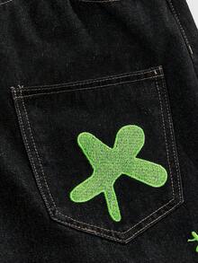 ROMWE MEN TEENAGE MUTANT NINJA TURTLES X ROMWE Quần jeans ống rộng thêu chữ và họa tiết rùa đột biến cho nam - màu đen - Xem 5
