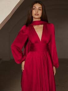 SHEIN Unity Elegant Red Satin Deep V-Neck Jacquard Waist-Cinched Dress With Scarf Collar And Tie Sash, Minimalist Design Long Sleeve Dress - Red - View 2