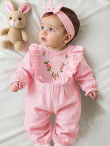 Souflis Souflis 女婴荷叶边花卉刺绣长袖连体裤 - 粉色 - 查看 1