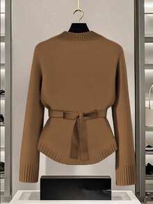 GlowEve 女士蓝色毛衣，新款秋冬金属纽扣不对称开襟羊毛衫，百搭简约通勤设计 - 咖啡棕 - 查看 2