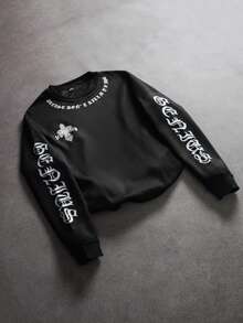 SLATEMANN Herren Slogan Grafik Thermofutter Sweatshirt, Kreuzgrafik Ausgehen Streetwear Rundhals Sweatshirt, für Freunde, Ehemann, Freund Geschenke, für Herbst Winter - Schwarz - Übersicht 1