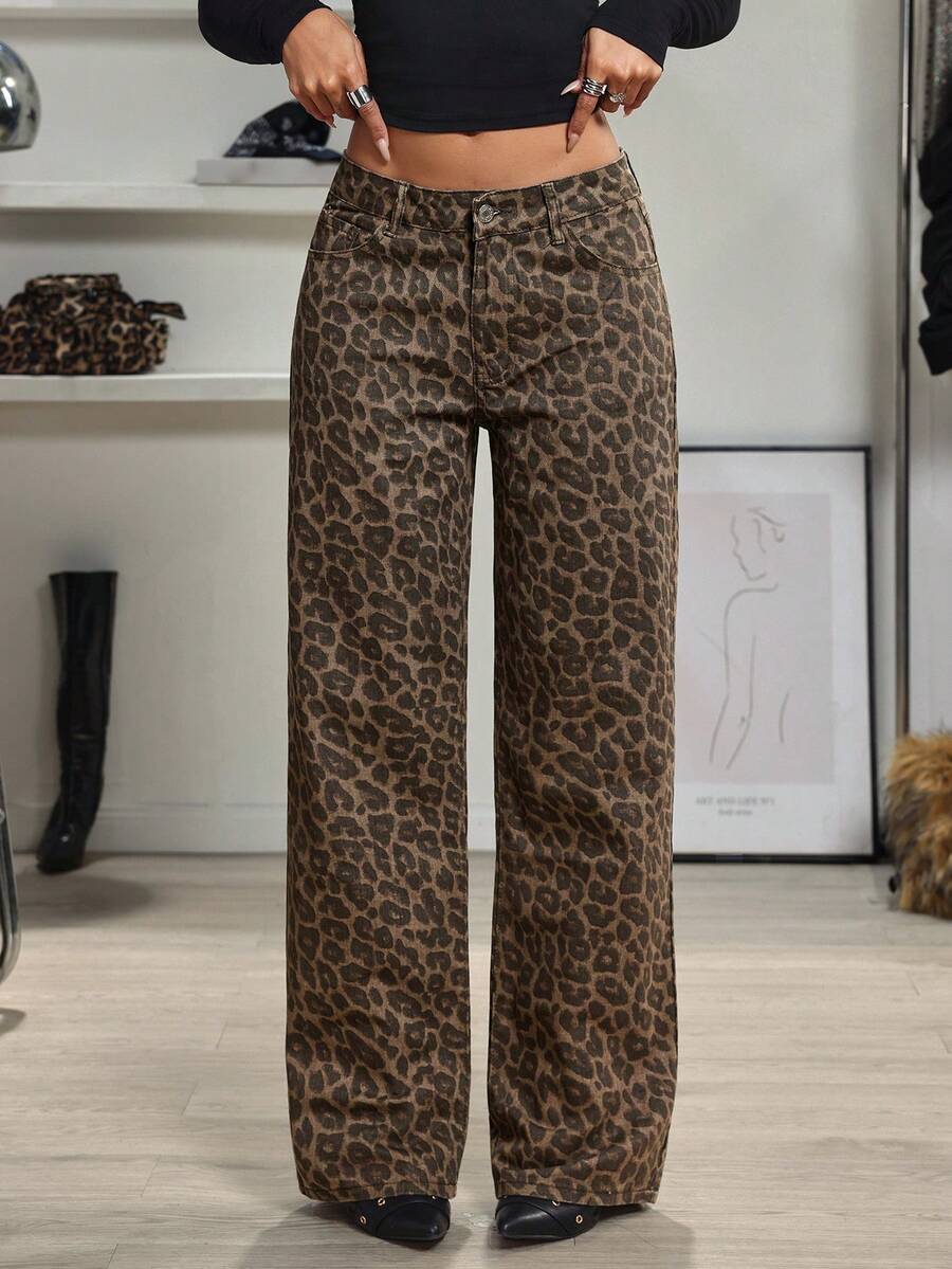 SHEIN Tall Trendiga retro leopardmönstrade raka jeans med låg midja - Multifärgad - Visa 1