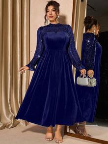 Cravure Váy tay bồng lưới nhung thanh lịch cỡ lớn cho nữ, thắt eo, thích hợp dự tiệc - Xanh đậm - Xem 9