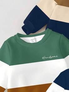 SHEIN 3 件套男婴休闲时尚酷炫经典彩色块字母印花柔软圆领套头衫，校园风格，适合秋冬季