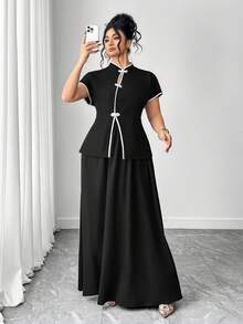 Elenzga Conjunto de 2 piezas de camisa abotonada con bloqueo de color elegante y falda para talla grande - Negro - Ver 4