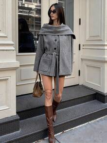 Glamine Women's Grey Woolen Coat With Shawl Collar, Stylish Design, Autumn/Winter - Grey - View 5