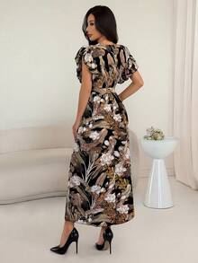 Mulvari Ruffle Cuff Allover Floral Belted Dress Maxi Women Outfit - Multicolor - View 2