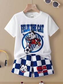 SHEIN Felix The Cat 2 Stücke/Set Jungen T-Shirt mit Buchstaben- und Cartoon-Grafik Rundhalsausschnitt Kurzarm und karierter Muster Shorts Set - Blau-Weiß - Übersicht 1