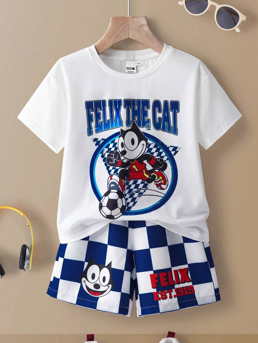 SHEIN Felix The Cat 2 Stücke/Set Jungen T-Shirt mit Buchstaben- und Cartoon-Grafik Rundhalsausschnitt Kurzarm und karierter Muster Shorts Set - Blau-Weiß - Übersicht 1