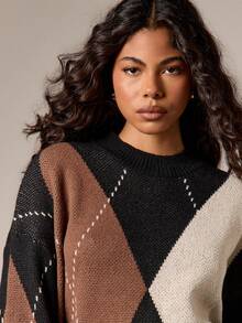 AiiRZ Argyle Diamond Pattern Knit Sweater Long Sleeve Crew Neck Pullover Fall Winter Cozy Chunky Knit Top - Multicolor - View 5