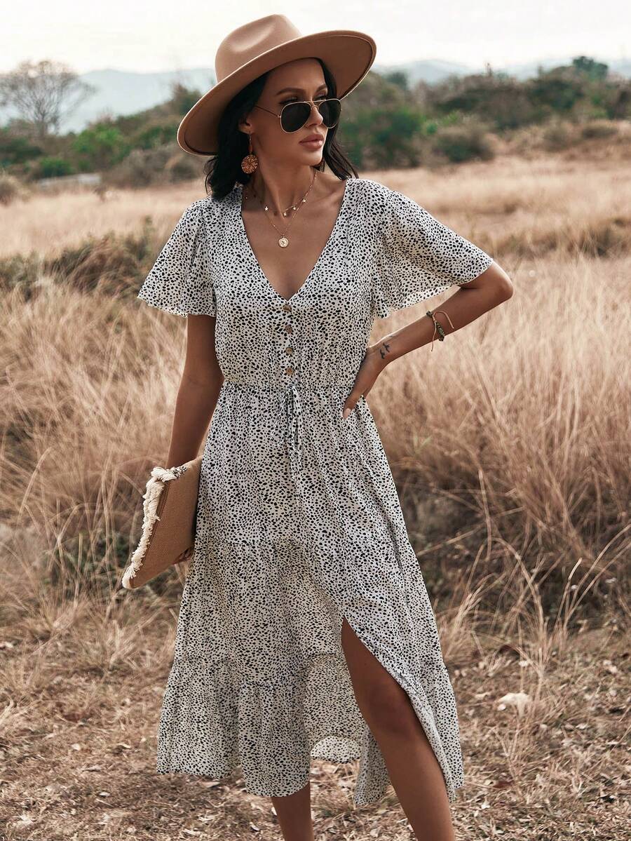 Breezaya 全身印花开衩下摆A字连衣裙长款女装 - 米色 - 查看 1