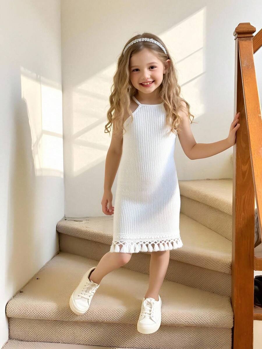 SHEIN Young Girl Fringe Hem Halter Dress Summer Holiday - White - View 1