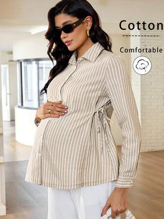 MaterniWear Office,Business Maternity Work Clothes Maternity  Blouses  Casual Woman,Fall Clothes,Autumn Clothes,Materity Autumn Clothes Maternity Maternity Women's Striped Side Tie Waist Long Sleeve Casual Shirt Cotton Blouse