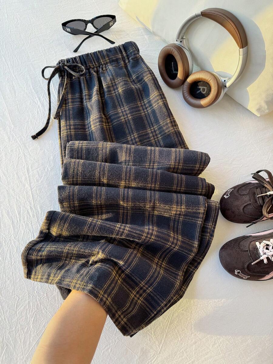 Comfortcana Plus Size Women's Drawstring Waist Plaid Wide Leg Loose Casual Autumn Pants - Multicolor - View 1