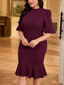 SHEIN Privé Vestido formal de línea A de manga abullonada, de talla grande, para mujer, elegante y casual, para oficina y uso diario - Rojo violeta - Ver 4