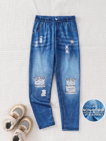 SHEIN 秋冬季少女休闲时尚百搭针织蓝色弹力腰裤破洞牛仔裤