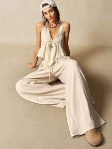 Bohemela 女士休闲纯色梭织宽松阔腿水洗裤 - 杏色 - 查看 5