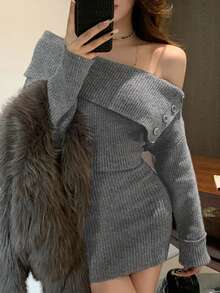 DAZY 休闲优雅超大翻领露肩不对称纽扣开衩迷你毛衣连衣裙，适合秋冬季穿着 - 灰色 - 查看 2