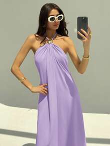 Aloruh 新款香槟色露背褶皱极简长裙，金属球装饰，宽松显瘦 - 淡紫色 - 查看 7