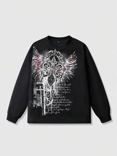 Goth Sudadera con cuello redondo de tela de gofre con estampado de cruz gótica para hombres, adecuada para uso diario, otoño/invierno