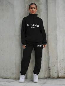SAYEHFBABY MILANO Damen Lässig Buchstaben Muster Stehkragen Reißverschluss Halb-Reißverschluss Loose Langarm Fleece Sweatshirt und Hose Set, geeignet für Herbst/Winter Ausflüge, modisches Matching - Schwarz - Übersicht 1